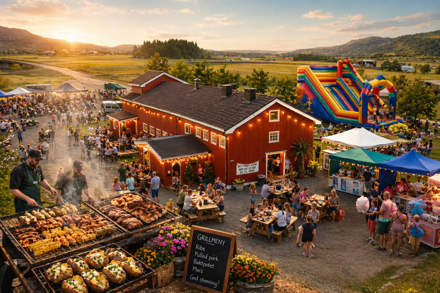 Festivalområdet på Klett med grill, matboder, langbord og aktiviteter i sommersol